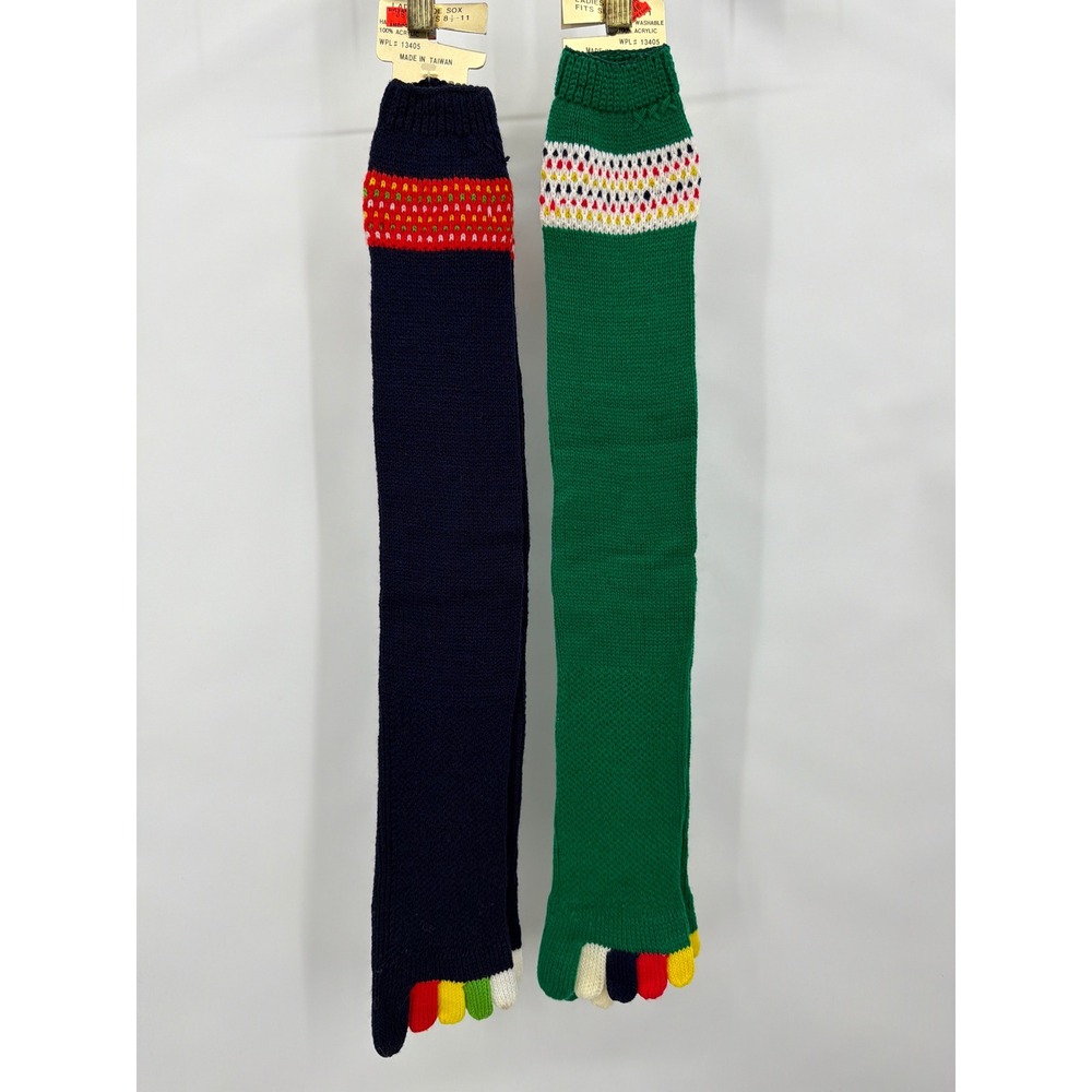 Vintage 70s Toe‎ Socks Set 2 Pairs Navy Green Acrylic Knee High Deadstock New